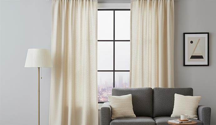 Linen draperies hanging on the window of a living room